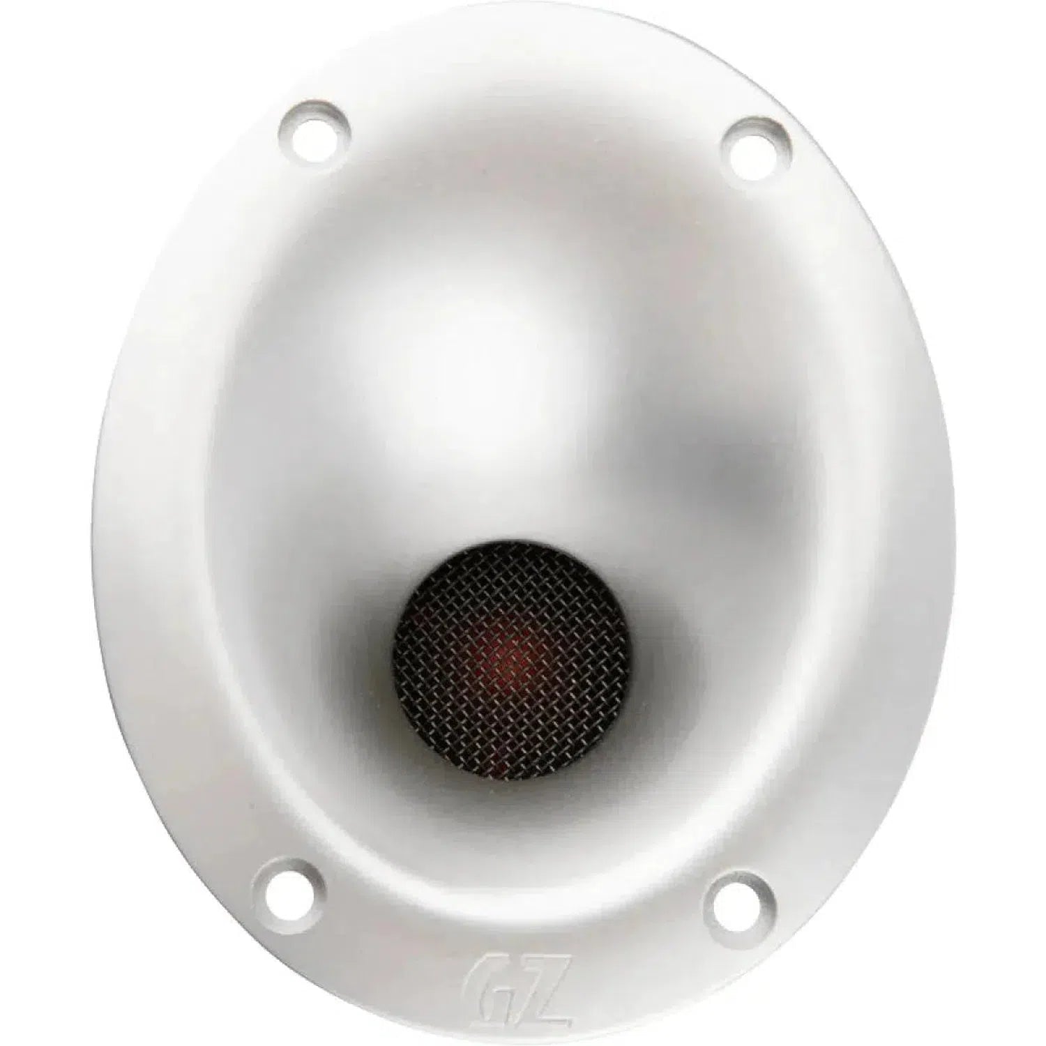 Il Ground Zero Competition Pro GZCT 19N-PROX S è un tweeter ovale Kompressions-Hochtöner di colore argento con rete centrale nera, quattro fori per le viti e Neodymantrieb, vista frontale.