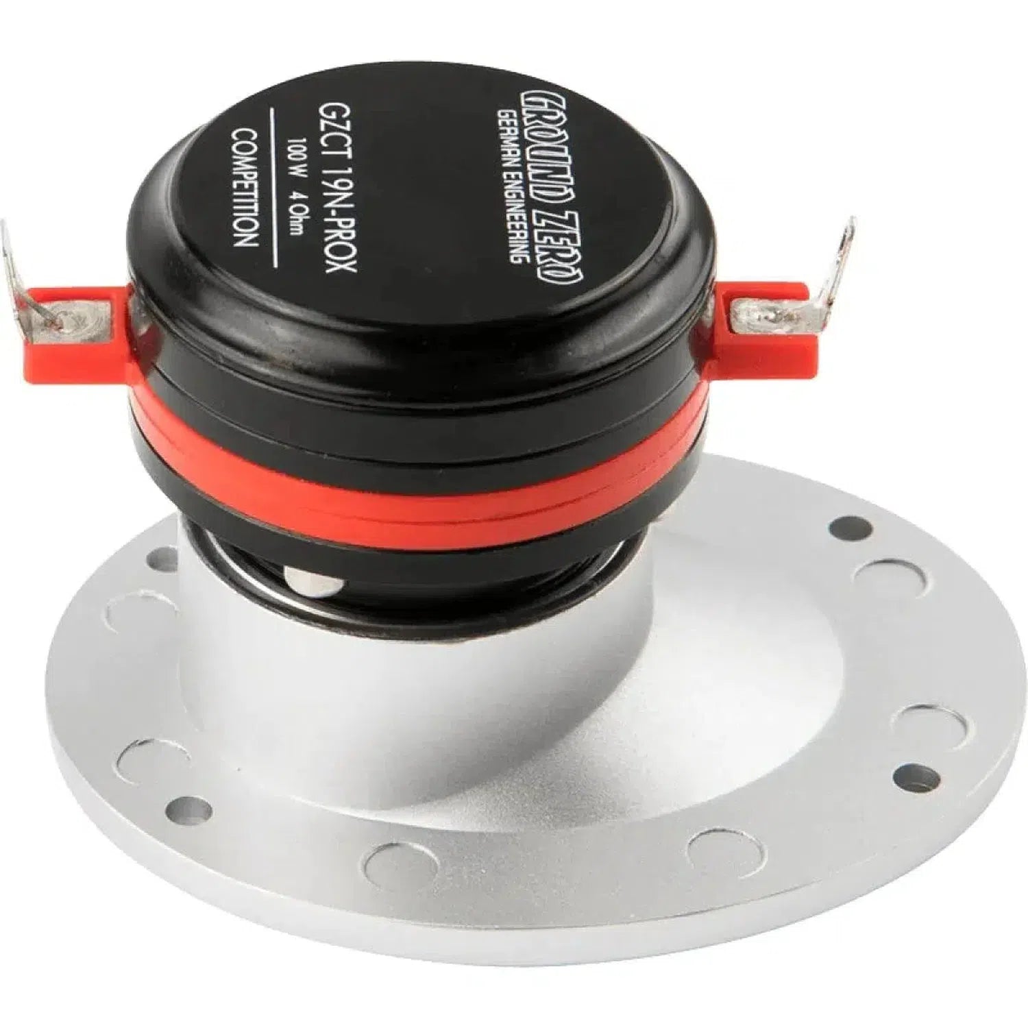 Il Ground Zero Competition Pro GZCT 19N-PROX S è un tweeter audio per auto di forma rotonda con magnete nero/rosso, flangia argentata, fori di montaggio ed etichetta German Engineering.