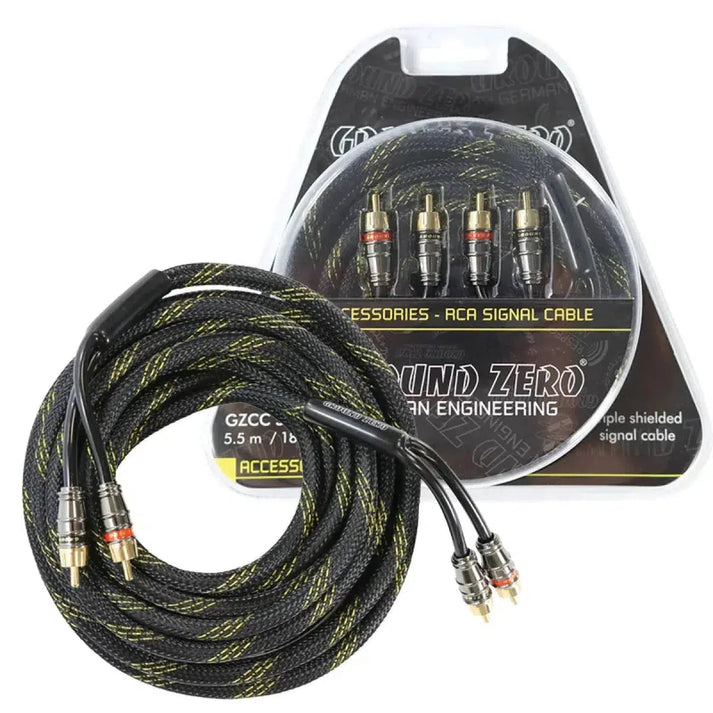 Un cavo a spirale nero e giallo da 3 m GZCC 3.0X-TP Stereo-Cinchkabel di Ground Zero con connettori placcati in oro si trova nella confezione Ground Zero German Engineering.