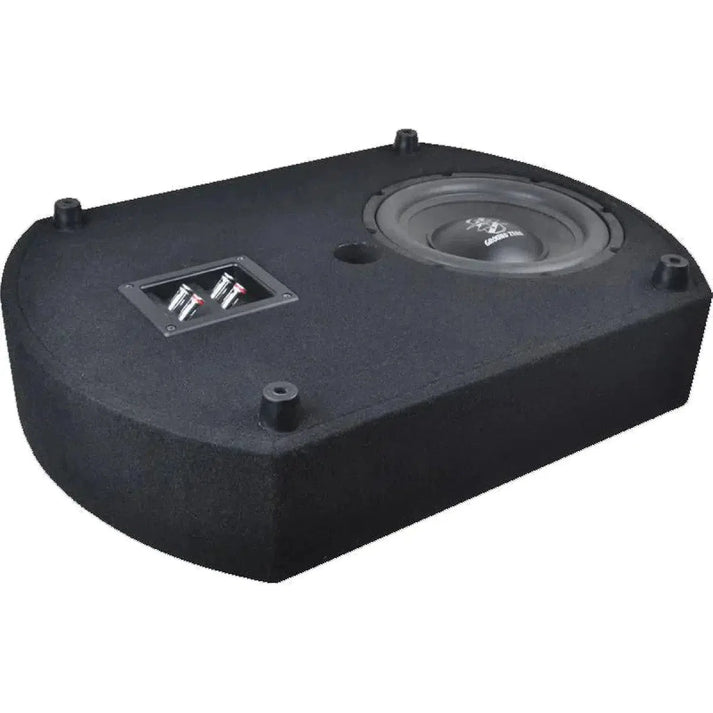 The Ground Zero GZCS 10SUB is a black enclosure subwoofer with Downfire technology and round speaker, made for car audio use in the spare wheel well.