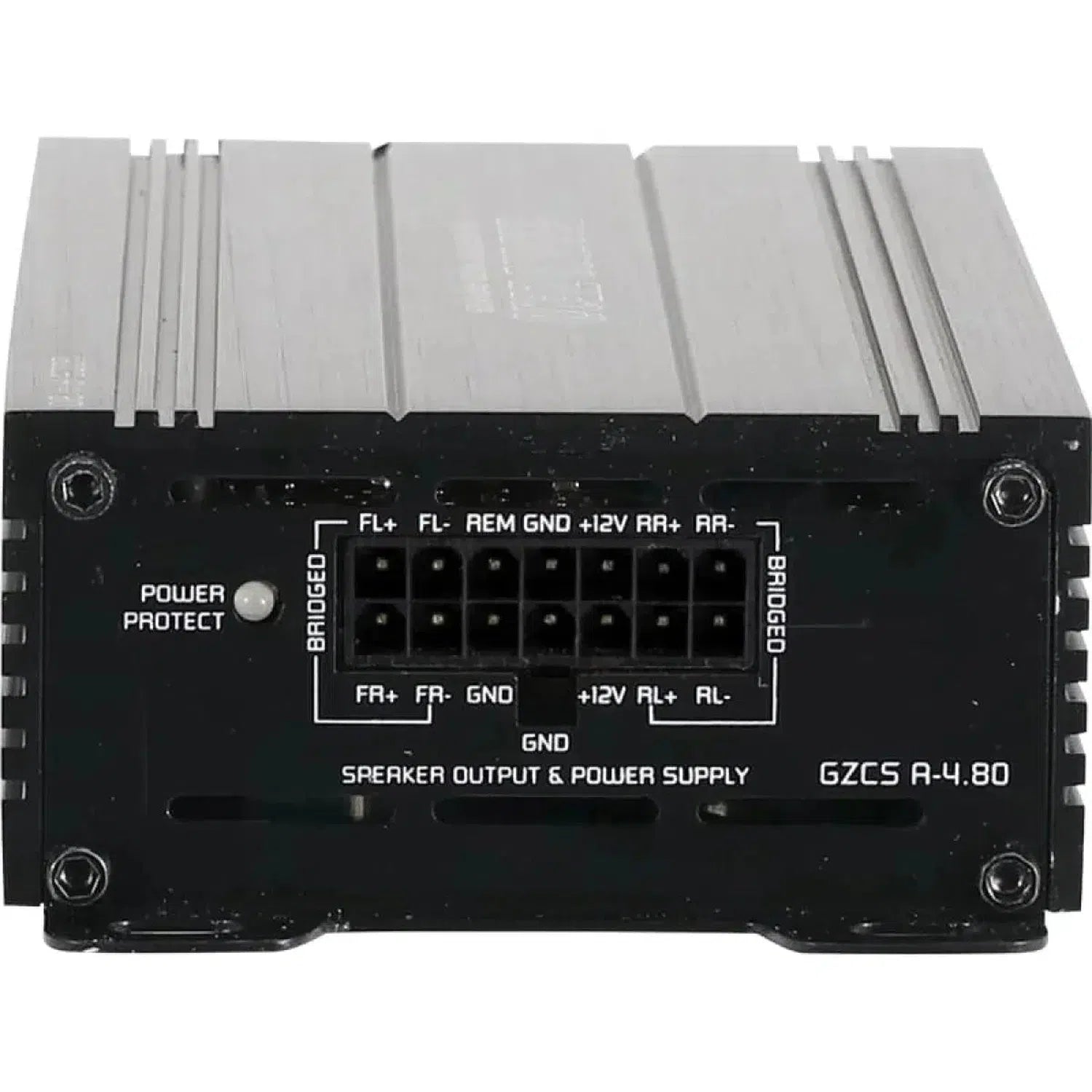 The Ground Zero GZCS A-4.80 car amplifier features Class D technology, labeled input/output terminals, and is a 4-channel model.