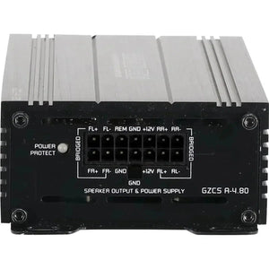 The Ground Zero GZCS A-4.80 car amplifier features Class D technology, labeled input/output terminals, and is a 4-channel model.