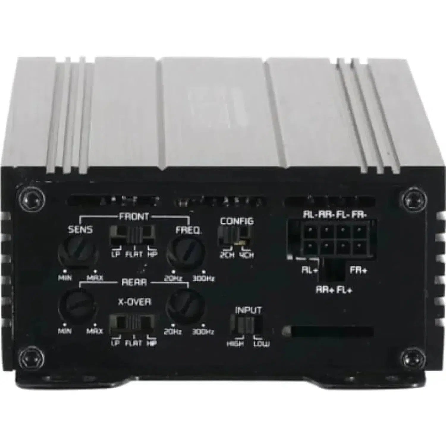 The Ground Zero GZCS A-4.80 is a black 4-channel Class D amp with controls for sensitivity, frequency, crossover, input settings, and front wiring terminal.