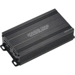 A black Ground Zero GZCS A-4.80 4-channel amplifier with ribbed sides, shown at an angle highlighting its input and output ports.