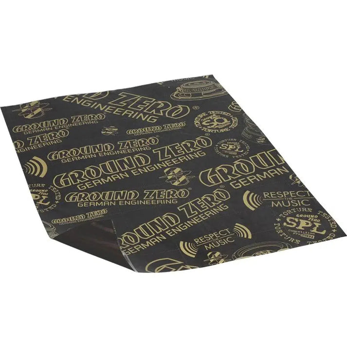 A black and gold sheet, Ground Zero GZDM 3750AB-GOLD 10x37x50cm, features logos and is ideal for Alubutyl Dämmung.