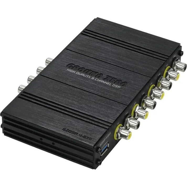 Il processore audio Ground Zero GZDSP 4-8XII, di colore nero, è dotato di 8 canali con porte di ingresso e uscita RCA multiple su un lato.