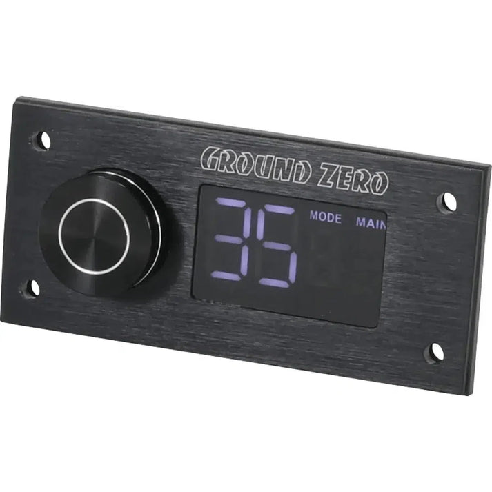 The Ground Zero GZDSP Remote PRO is a rectangular black audio control panel with LCD display, large knob, cable remote design, and Ground Zero labeled at the top.