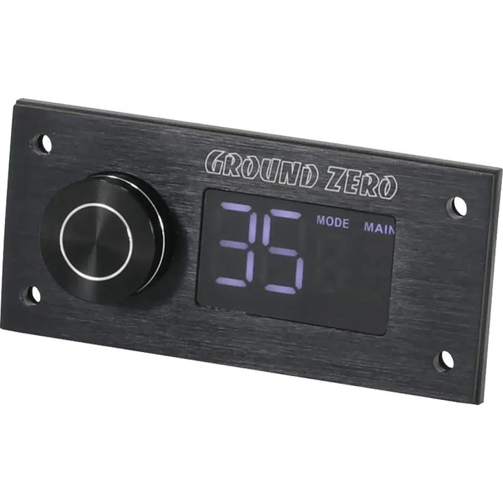 The Ground Zero GZDSP Remote PRO-X is a rectangular black DSP accessory with a left round knob and a digital display showing 35 MODE MAIN on the right.