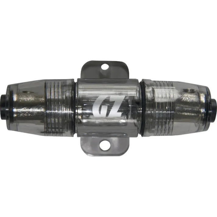 The Ground Zero GZFH 1.20 IL-MANL is a transparent 20 mm² inline Mini-ANL fuse holder with metal terminals, mounting bracket, and side GZ logo.