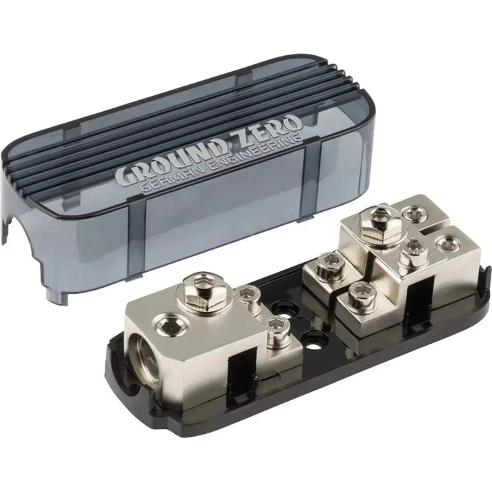 Il portafusibile Ground Zero GZFH 1,50/2,20 ANL/MANL presenta un ingresso da 50 mm², terminali metallici e connessioni a vite su una base nera con il coperchio trasparente rimosso.