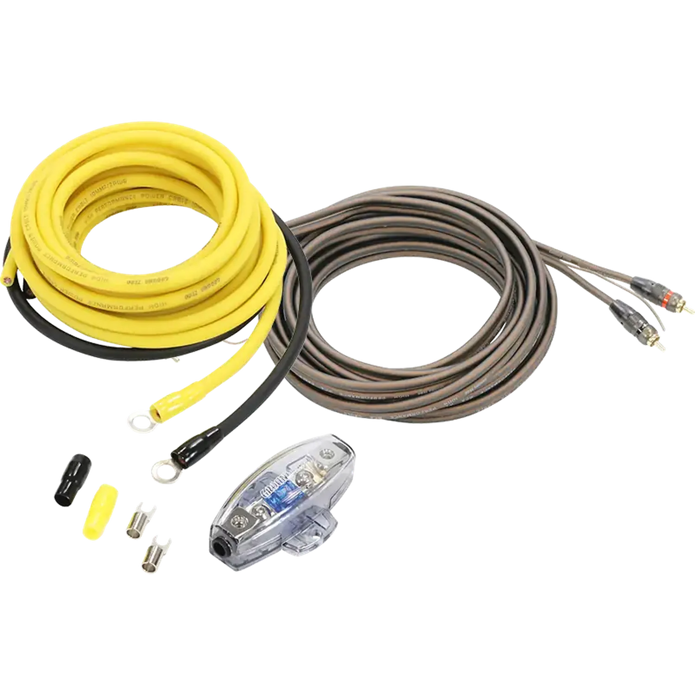 El Ground Zero GZPK 10X-II incluye un cable en espiral amarillo/marrón de 10 mm² con conectores, soporte Mini-ANL, fusible, tapones y cable RCA estéreo para audio de automóvil.