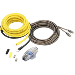 Le Ground Zero GZPK 10X-II comprend un câble spiralé jaune/marron de 10 mm² avec connecteurs, un support Mini-ANL, un fusible, des capuchons et un câble RCA stéréo pour laudio de voiture.