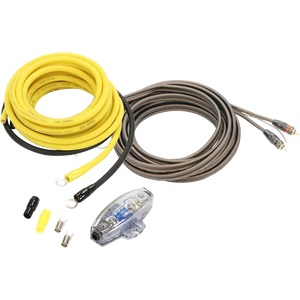 Le Ground Zero GZPK 10X-II comprend un câble spiralé jaune/marron de 10 mm² avec connecteurs, un support Mini-ANL, un fusible, des capuchons et un câble RCA stéréo pour laudio de voiture.