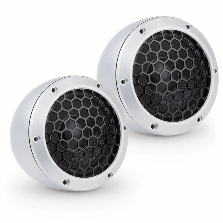 Two Ground Zero GZSP 80-MID speakers with black honeycomb grilles and aluminum housings, shown side by side on a white background.