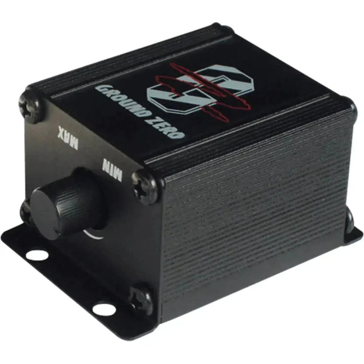 The Ground Zero GZTA Remote is a black metal audio device with a Min to Max knob and four screws on the casing.