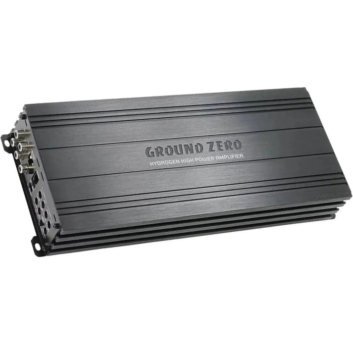 The Ground Zero Hydrogen GZHA MINI FIVE is a black Class D amp with a ridged metal casing and multiple input/output ports on one side.