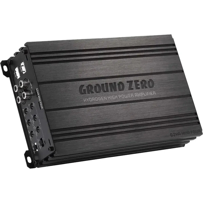 El Ground Zero Hydrogen GZHA MINI FOUR negro es un amplificador Clase D de 4 canales de alta potencia con mandos de control y puertos de entrada/salida en el lateral.