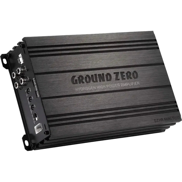 Il Ground Zero Hydrogen GZHA MINI TWO è un amplificatore nero a 2 canali ad alta potenza con manopole di controllo laterali e porte di ingresso.