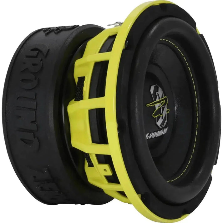 Side view of the Ground Zero Hydrogen GZHW 16SPL, a 5-inch black and yellow SPL subwoofer with bold accents and an impressive 6,500W RMS power rating.