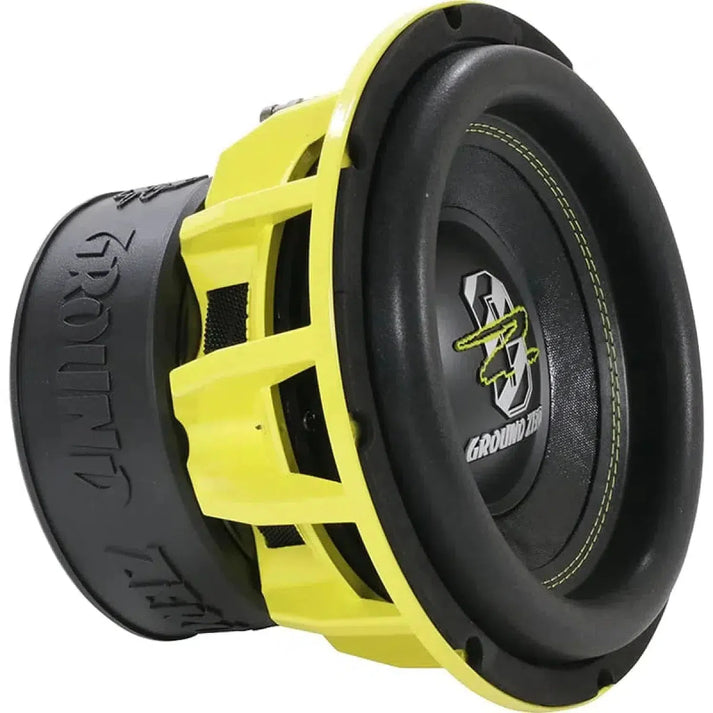 The Ground Zero Hydrogen GZHW 25XSPL is a black and yellow 10 subwoofer with bold branding, rugged design, detailed stitching, and 1200W RMS power.