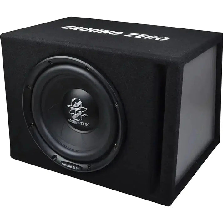 The Ground Zero Iridium GZIB 25BR-ACT is a black rectangular 10 active subwoofer with branding on top and the Iridium driver in front.