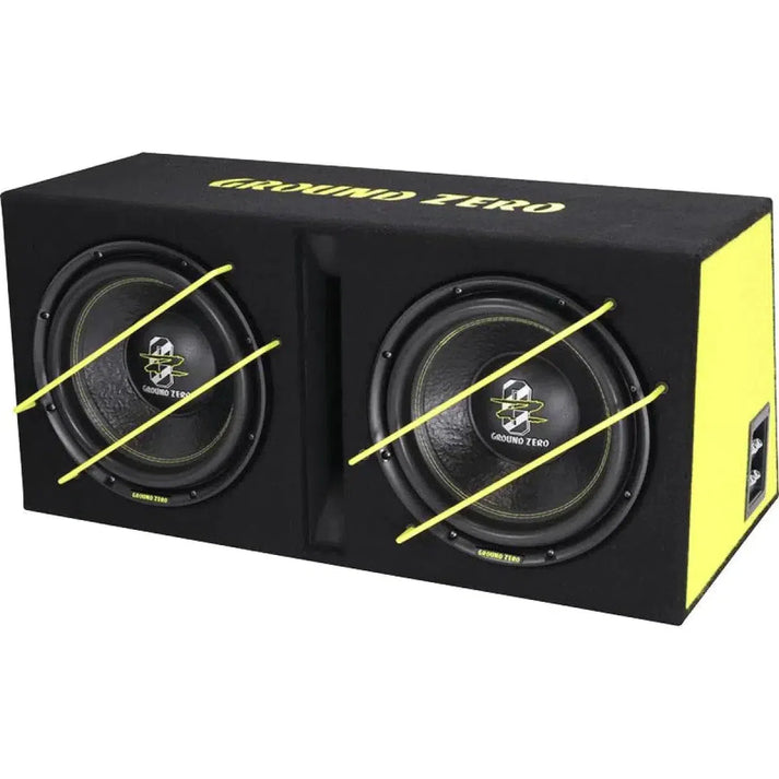 The Ground Zero Iridium GZIB 2.12SPL is a black and yellow bass reflex enclosure with dual 12 subwoofers, each protected by striking yellow diagonal bars.
