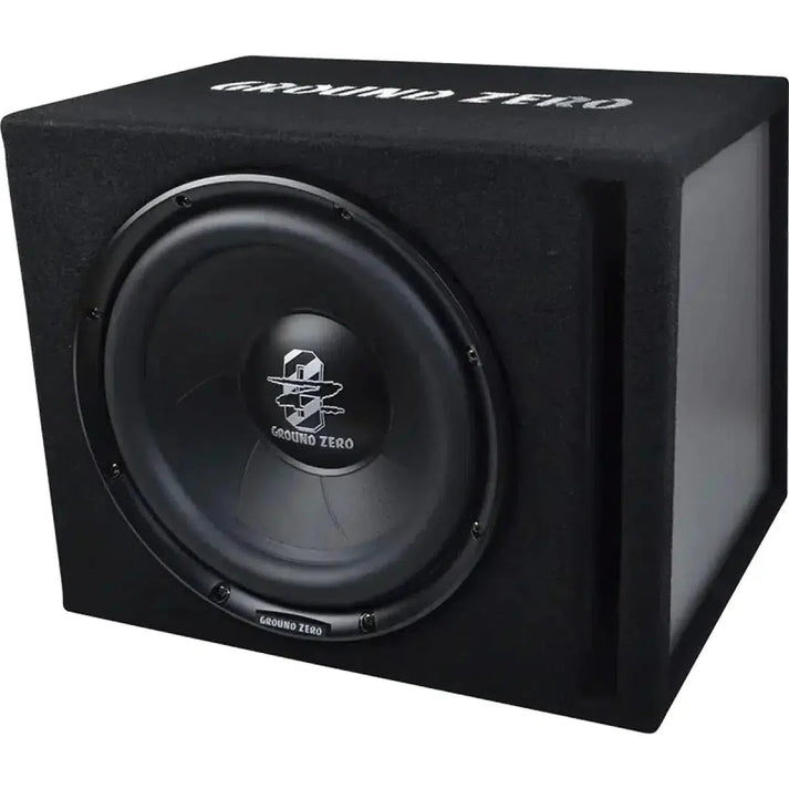 The Ground Zero Iridium GZIB 30BR-ACT is a black rectangular subwoofer with a round speaker and visible logo on the front.