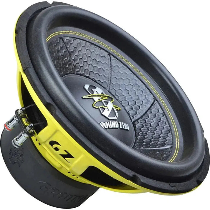 A close-up of the Ground Zero Iridium GZIW 12XSPL-D2 subwoofer featuring a black and yellow design with a hexagonal cone pattern.
