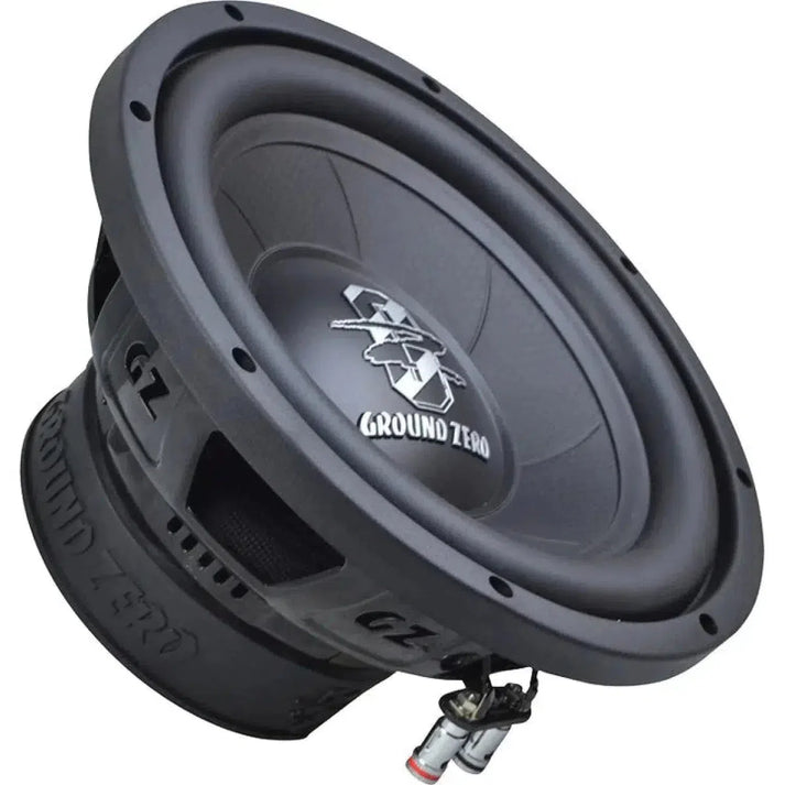 The Ground Zero Iridium GZIW 250 is a black 10-Zoll subwoofer with 250W RMS, featuring the brand logo on the cone and a sturdy angled build.