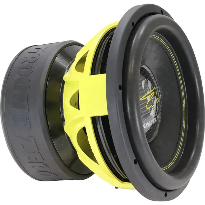 A large black and yellow 12 Ground Zero Nuclear GZNW 30SPL subwoofer with branding visible on the side and cone.