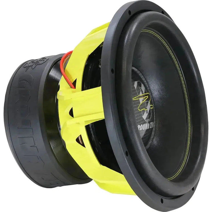 The Ground Zero Nuclear GZNW 38SPL is a large black/yellow 15 subwoofer with exposed wiring, ridged cone, and SPL for up to 3500W RMS.