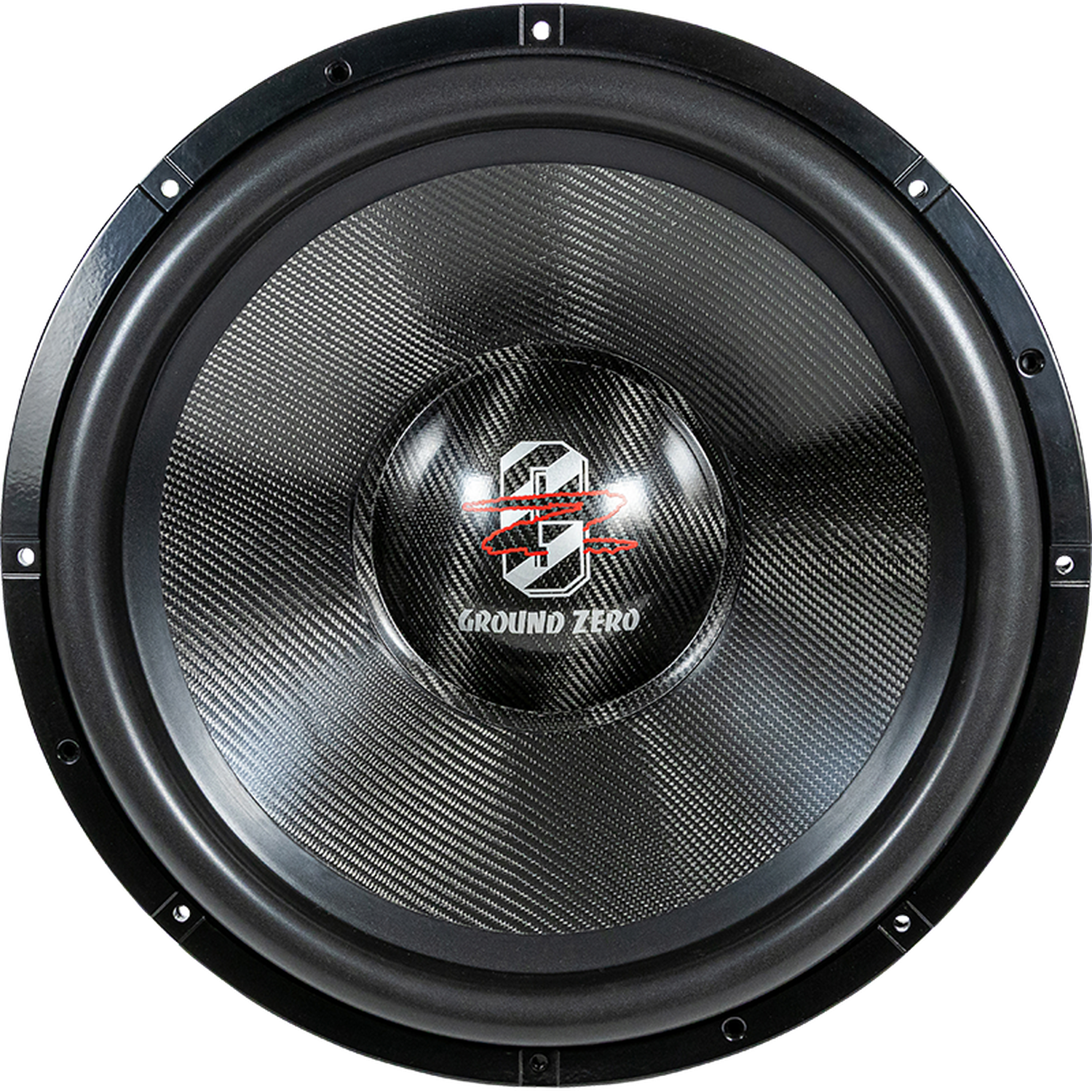 Primer plano de un subwoofer Ground Zero Plutonium GZPW 18C negro con cono de fibra de carbono, logotipo plateado, borde metálico y 6000 vatios de potencia RMS.