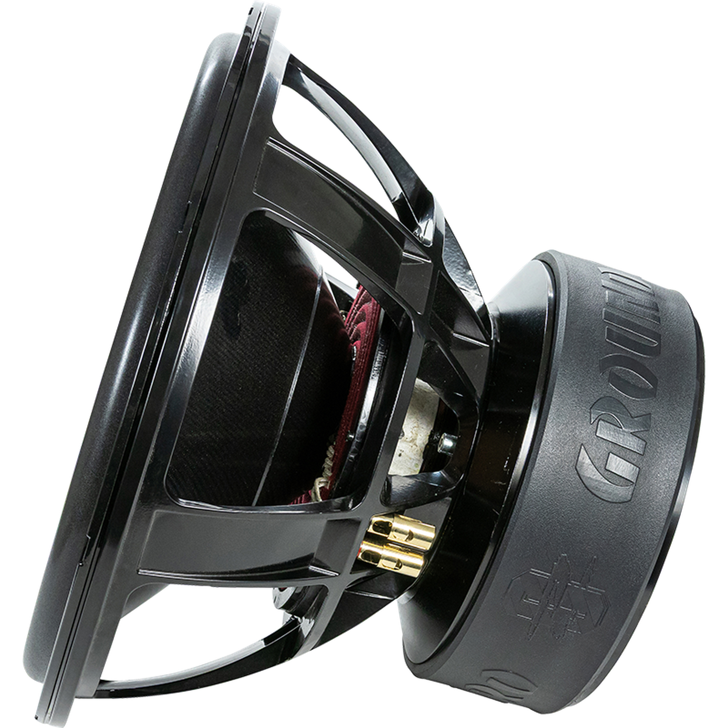 Vista lateral del Ground Zero Plutonium GZPW 18C, un subwoofer de alta potencia de 18 pulgadas con marco metálico, imán y terminales sobre fondo blanco.