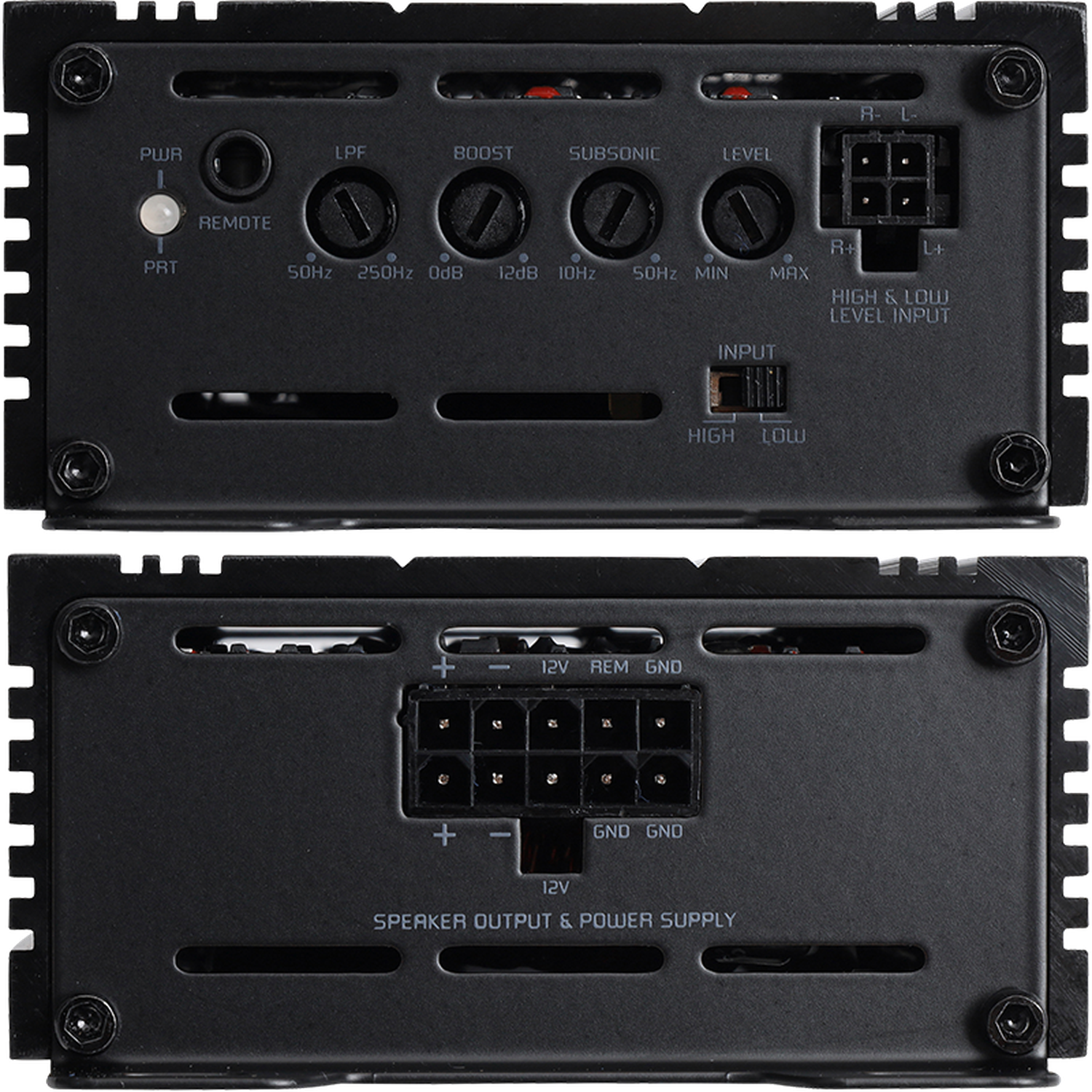 Primer plano del panel del amplificador mono de clase D Ground Zero Radioactive GZRA 450.1-MICRO con controles, conexiones de entrada/salida y terminales.