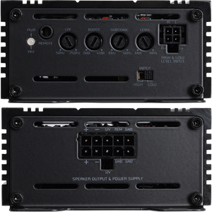 Primo piano del pannello dellamplificatore mono in classe D GZRA 450.1-MICRO di Ground Zero Radioactive con controlli, connessioni di ingresso/uscita e terminali.