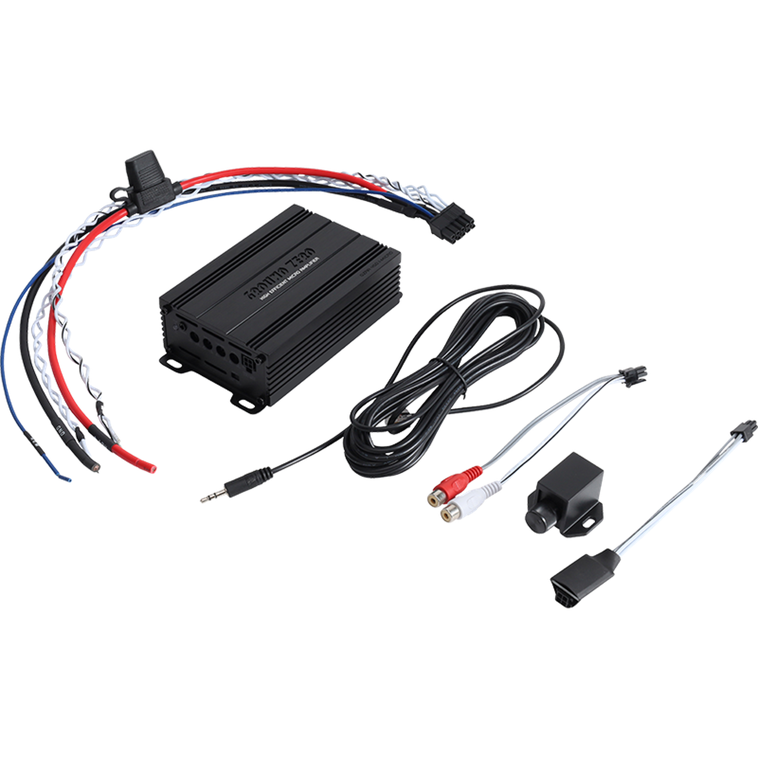 Un amplificador negro Ground Zero Radioactive GZRA 450.1-MICRO Class D Mono con cables, conectores RCA, un enchufe de 3,5 mm y cables de colores sobre un fondo liso.