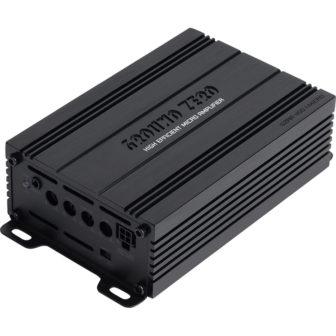 El Ground Zero Radioactive GZRA 450.1-MICRO, un amplificador mono de clase D de metal negro con puertos de entrada/salida y soportes de montaje, lleva la etiqueta HIGH EFFICIENT MICRO AMPLIFIER.