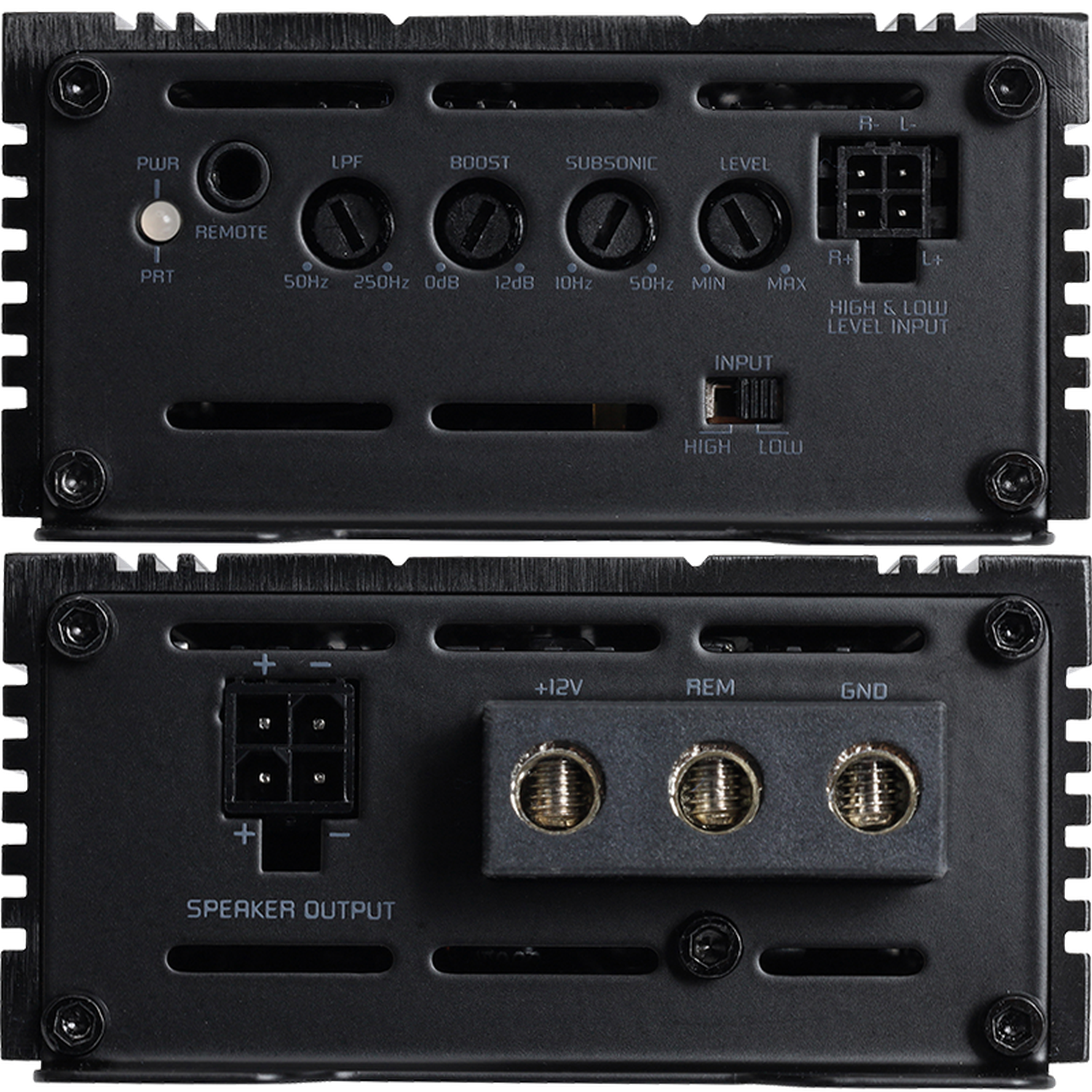 Primer plano del amplificador mono de clase D Ground Zero Radioactive GZRA 700.1-MICRO, con mandos de control, interruptores etiquetados y puertos de entrada/salida para facilitar los ajustes.