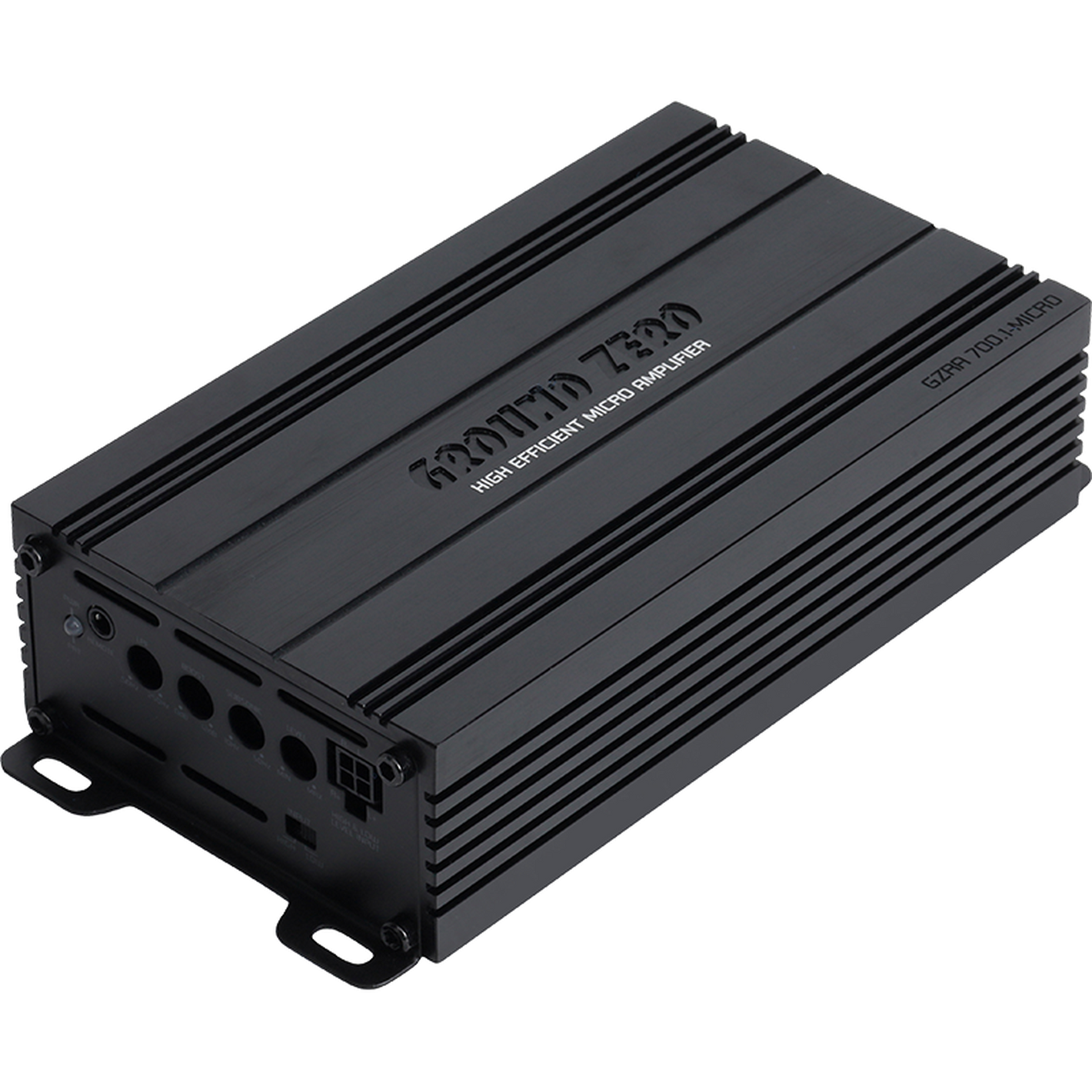 Amplificador de audio compacto de metal negro, Radioactive GZRA 700.1-MICRO de Ground Zero, cuenta con laterales estriados, puertos de entrada/salida y ofrece 700 vatios de potencia mono de clase D.