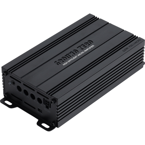 Amplificador de audio compacto de metal negro, Radioactive GZRA 700.1-MICRO de Ground Zero, cuenta con laterales estriados, puertos de entrada/salida y ofrece 700 vatios de potencia mono de clase D.