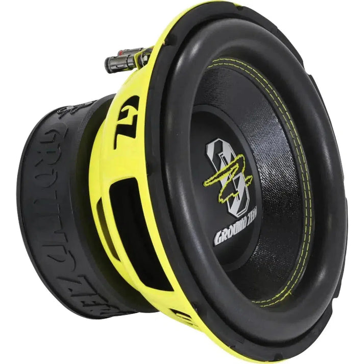 The Ground Zero Radioactive GZRW 10XSPL is a large black and yellow 10 subwoofer with cone logo and visible SPL wiring on the side.