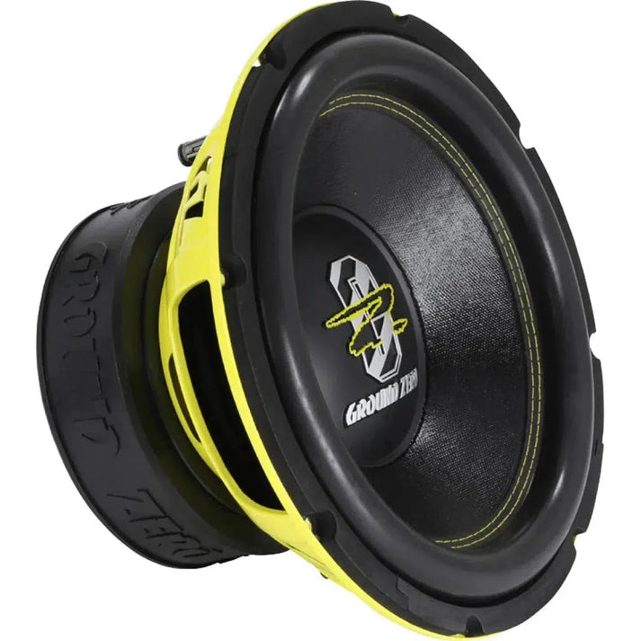 Il Ground Zero Radioactive GZRW 12XSPL è un subwoofer nero e giallo con logo sul cono, progettato per bassi potenti.