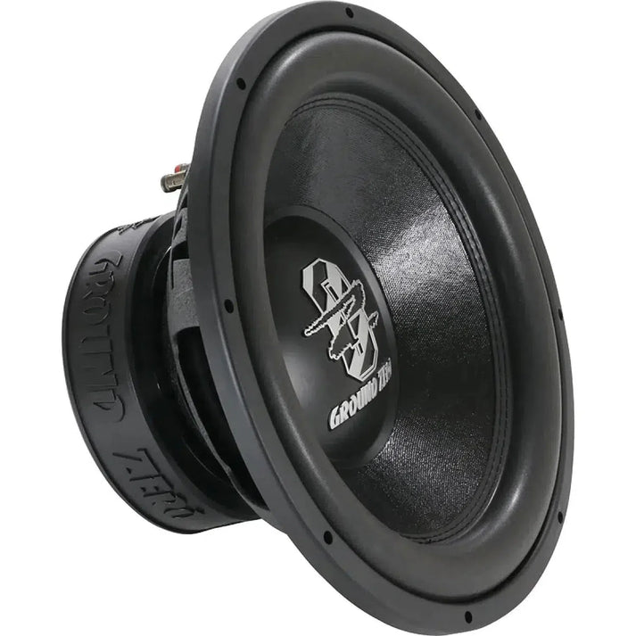 A black Ground Zero Radioactive GZRW 38-D2 15 subwoofer, featuring a bold logo, deep round design, large rubber surround, and 1000W RMS power.