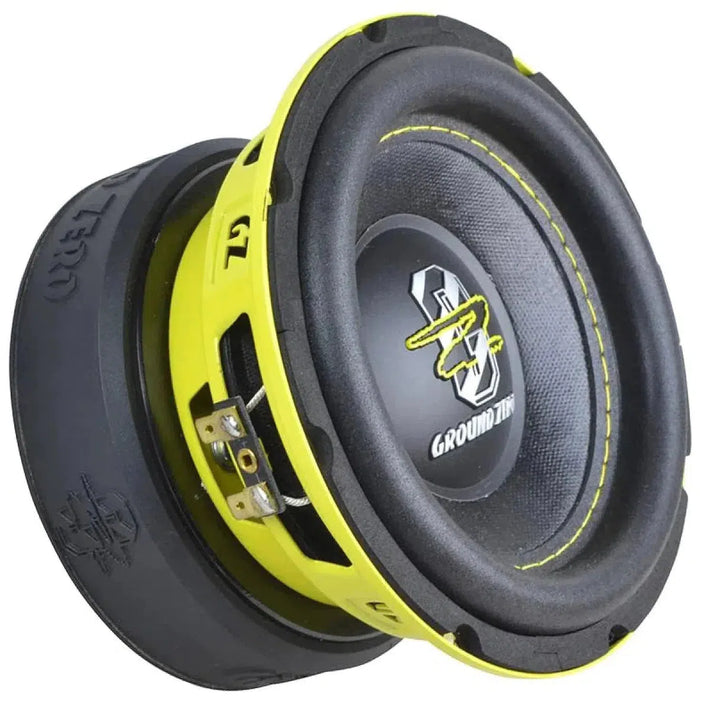 A black and yellow Ground Zero Radioactive GZRW 6XSPL SPL-Subwoofer with logo and wiring terminals, displayed at an angle on a white background.