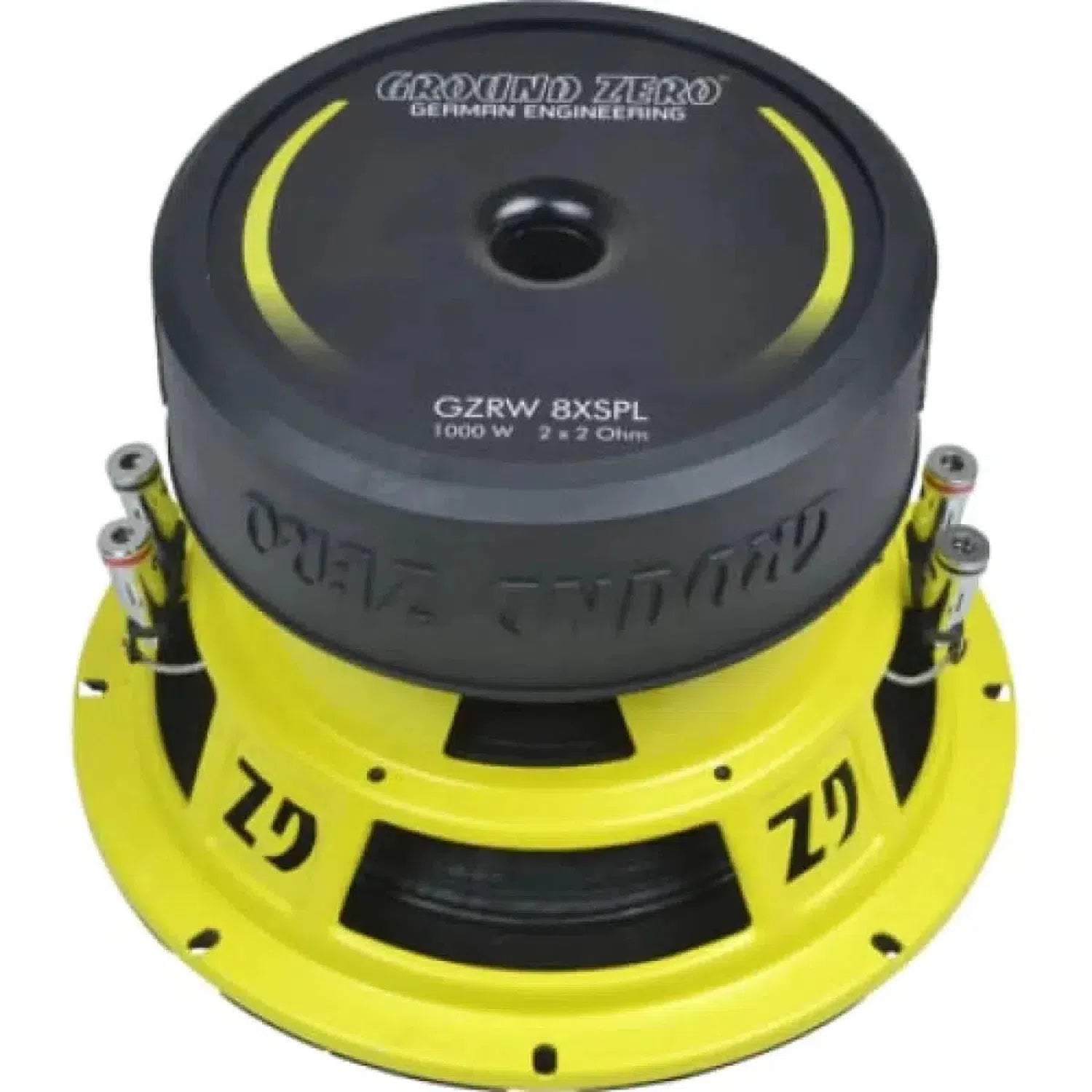 Il Ground Zero Radioactive GZRW 8XSPL è un subwoofer da 8 giallo-nero con design SPL, terminali posteriori in metallo e potenza di 1000W a 2 x 2 Ohm.
