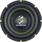 Il Ground Zero Radioactive GZRW 8XSPL è un subwoofer da 8 pollici di colore nero con cuciture e logo gialli, ideale per applicazioni SPL.