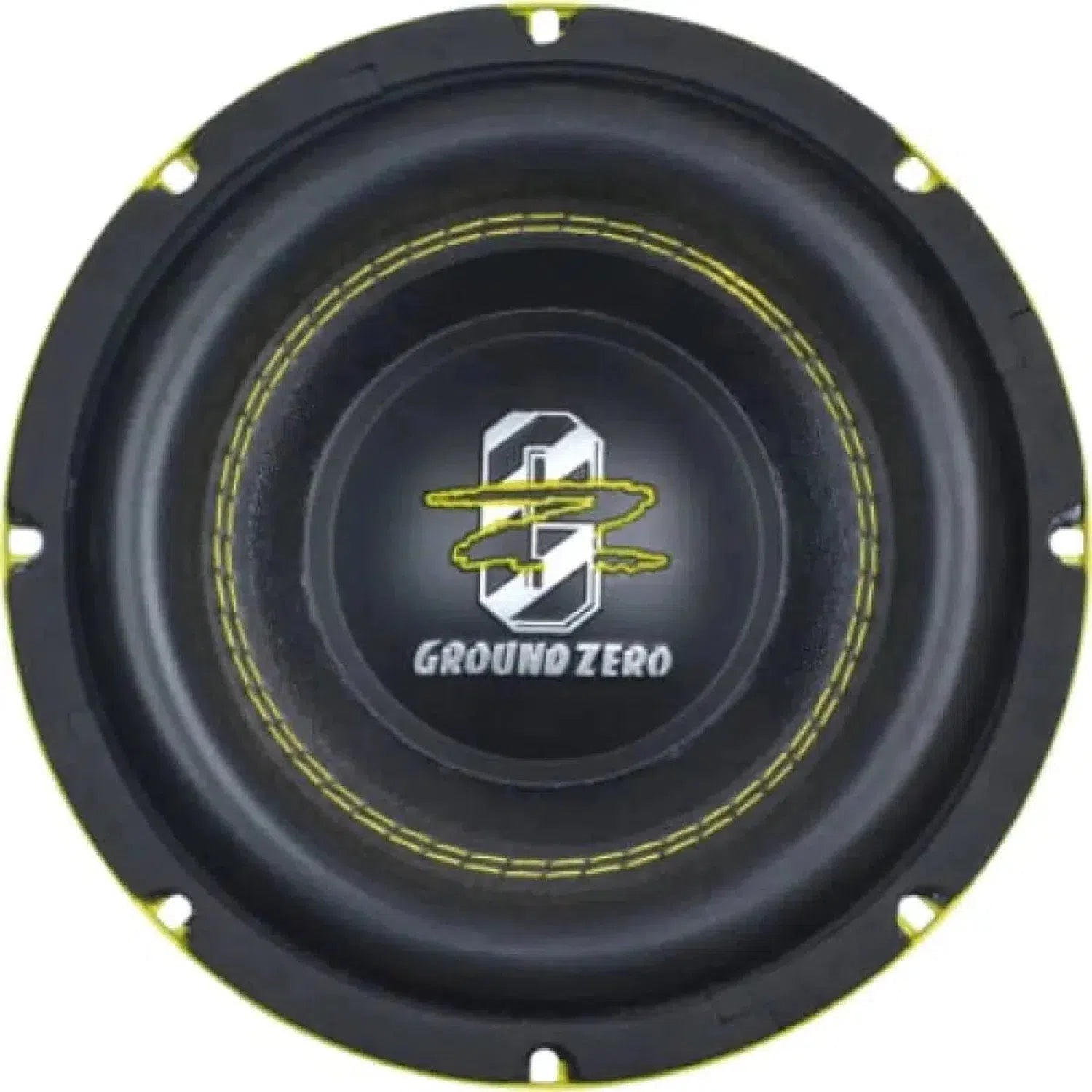 Il Ground Zero Radioactive GZRW 8XSPL è un subwoofer da 8 pollici di colore nero con cuciture e logo gialli, ideale per applicazioni SPL.
