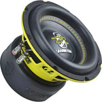 Il subwoofer Ground Zero Radioactive GZRW 8XSPL, nei colori giallo e nero, è mostrato angolato per evidenziare il cono, il bordo, i connettori e il robusto design SPL.