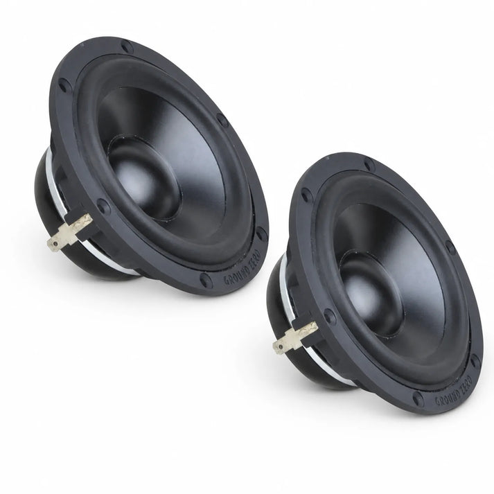 Two black Ground Zero Radioactive SQ GZRM 80SQ 3-inch speakers, angled upward and left, are shown on a white background.
