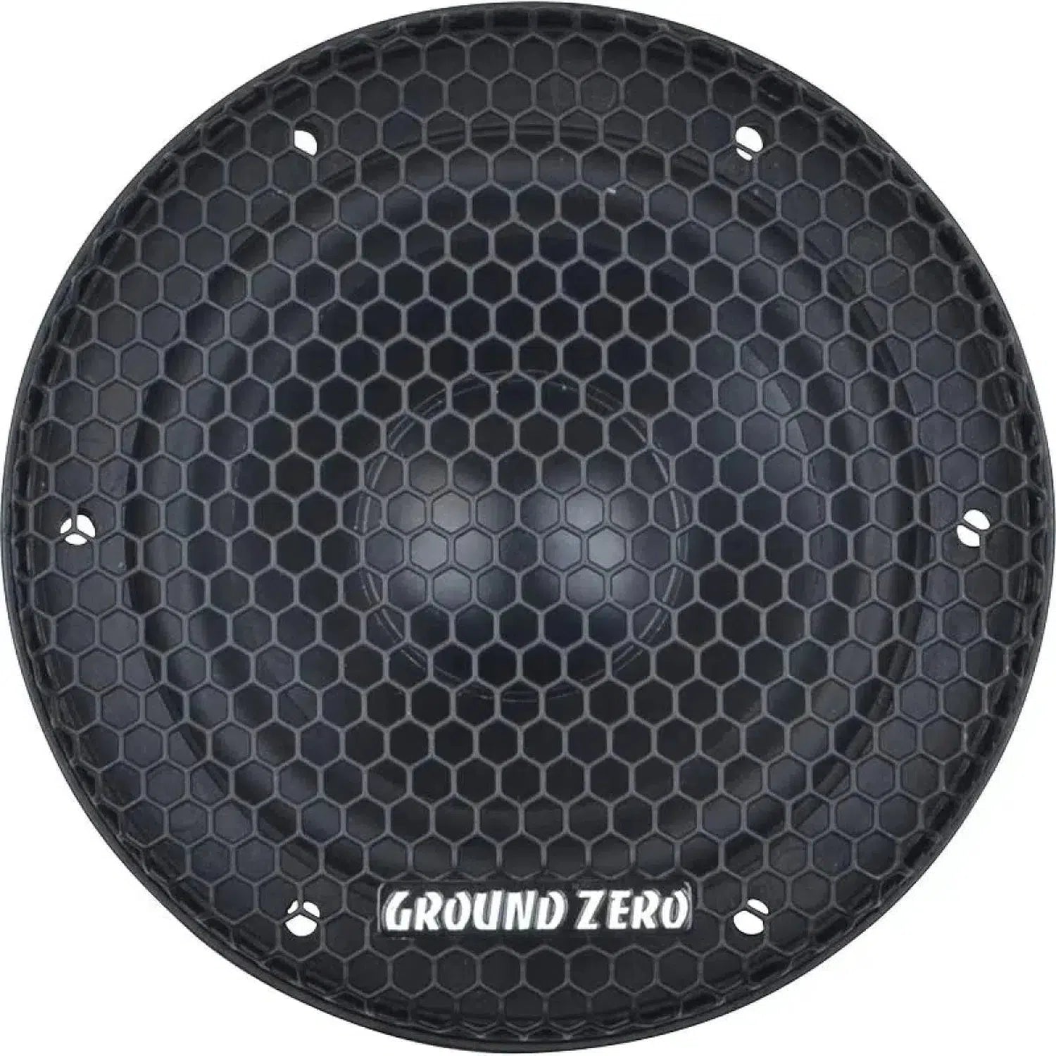 Un altavoz redondo negro Ground Zero Radioactive SQ GZRM 80SQ con rejilla en forma de panal y la inscripción GROUND ZERO en la parte inferior central.